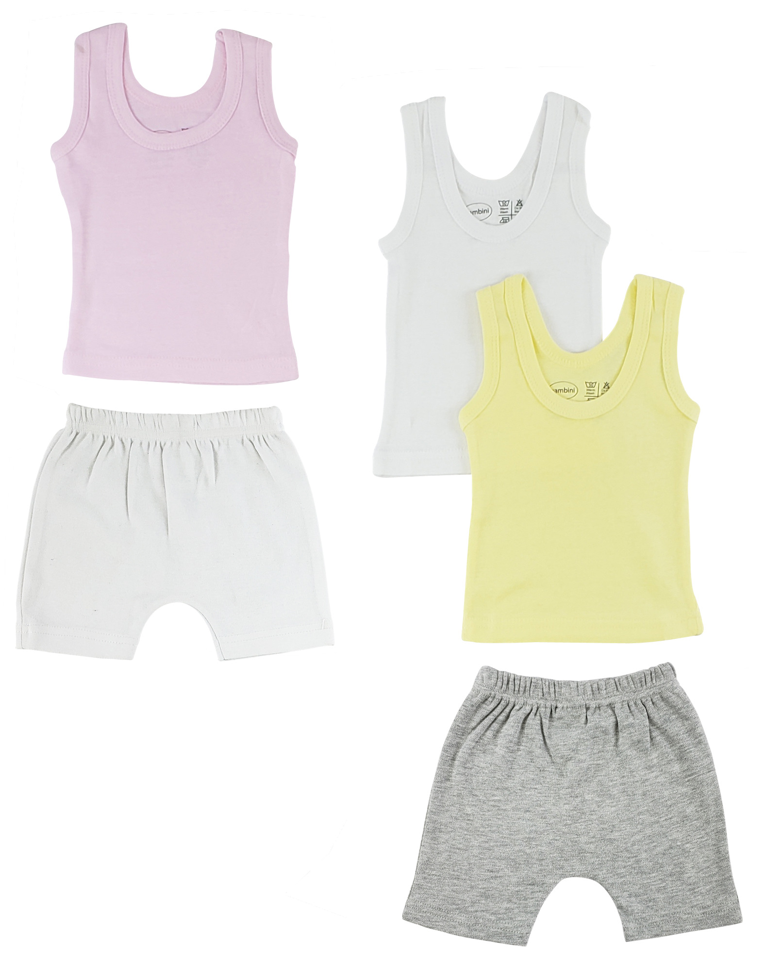 A collection of girls tank tops and shorts in various colors, made from 100% cotton, showcasing their soft texture and stylish design.
