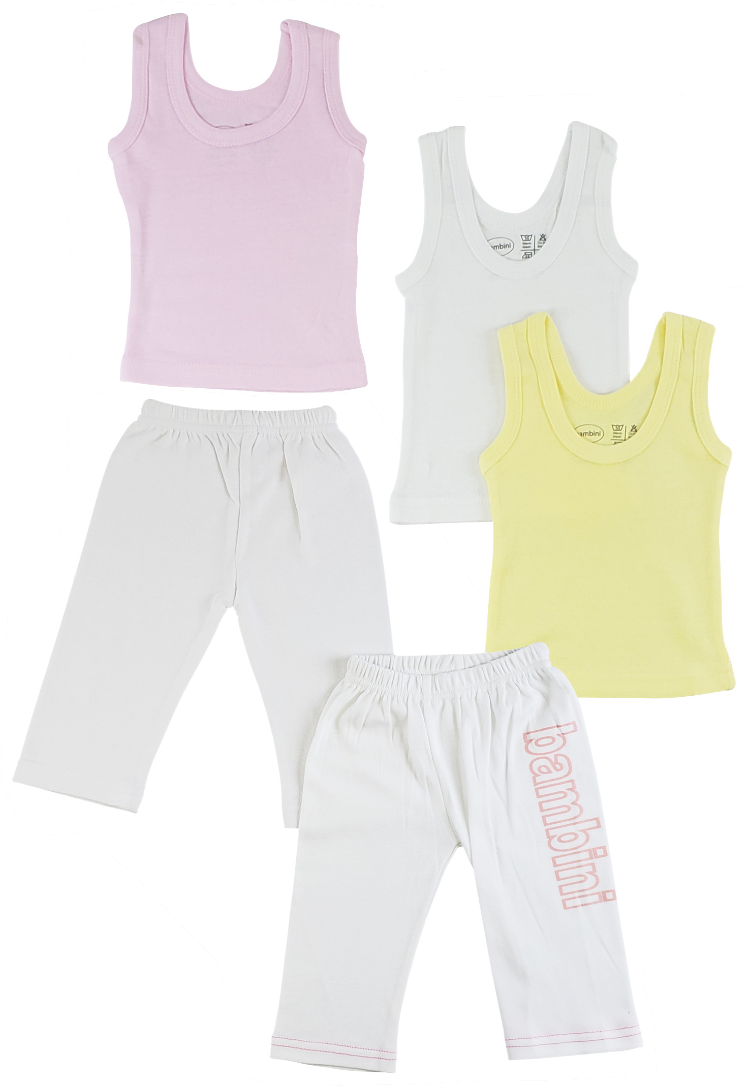 A collection of girls' sleeveless tank tops and track sweatpants made from 100% cotton, showcasing various colors and sizes.