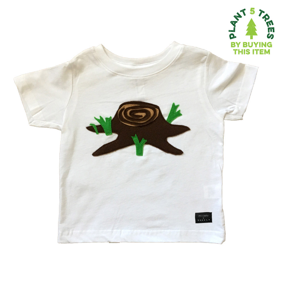 A vibrant kids shirt featuring unique felt appliqué designs inspired by trees, handmade by mi cielo and Donald Robertson, promoting environmental sustainability.