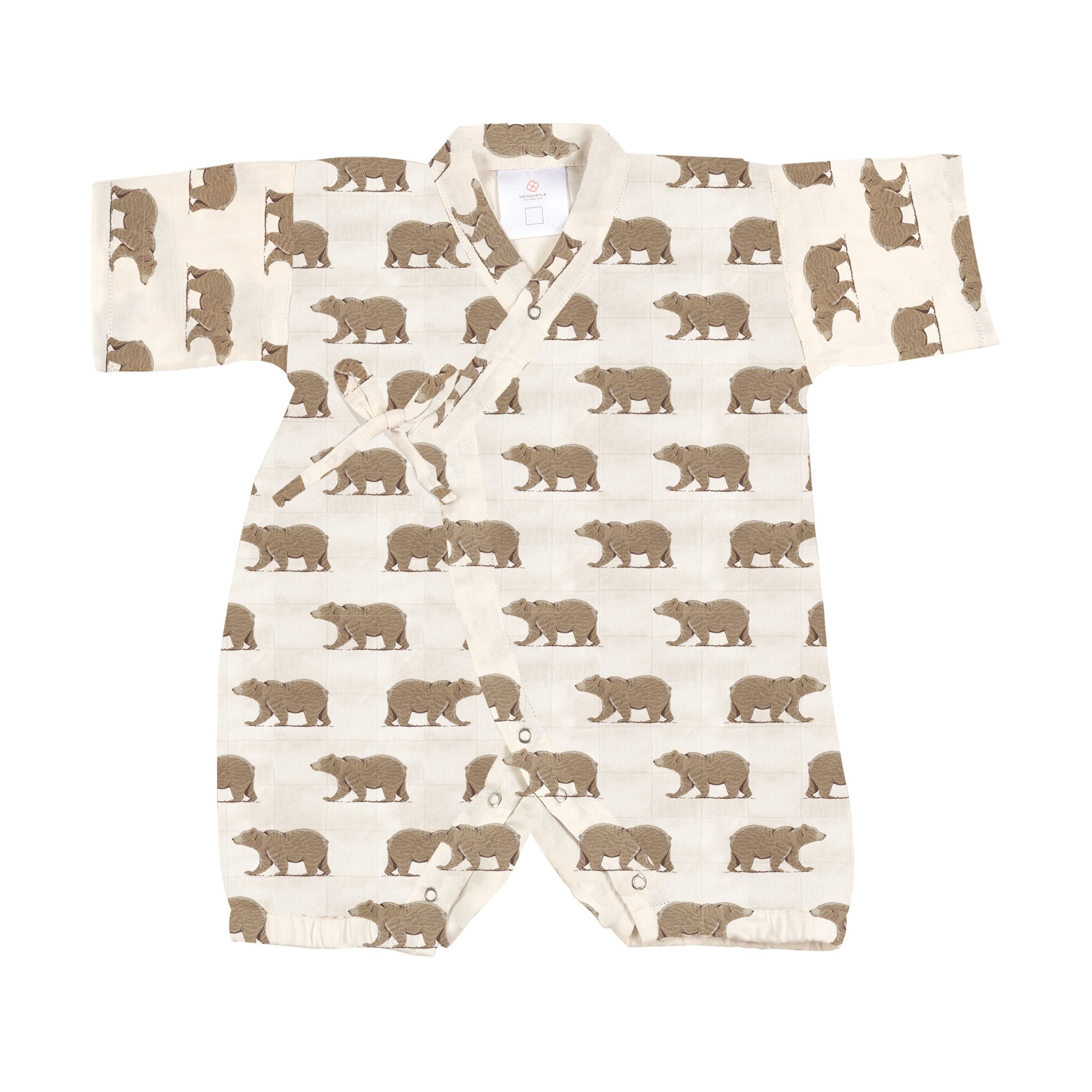 Goodnight Bear Bamboo Newcastle Mini Kimono Jumpsuit in soft bamboo muslin, featuring kimono styling and snap leg openings for easy dressing.