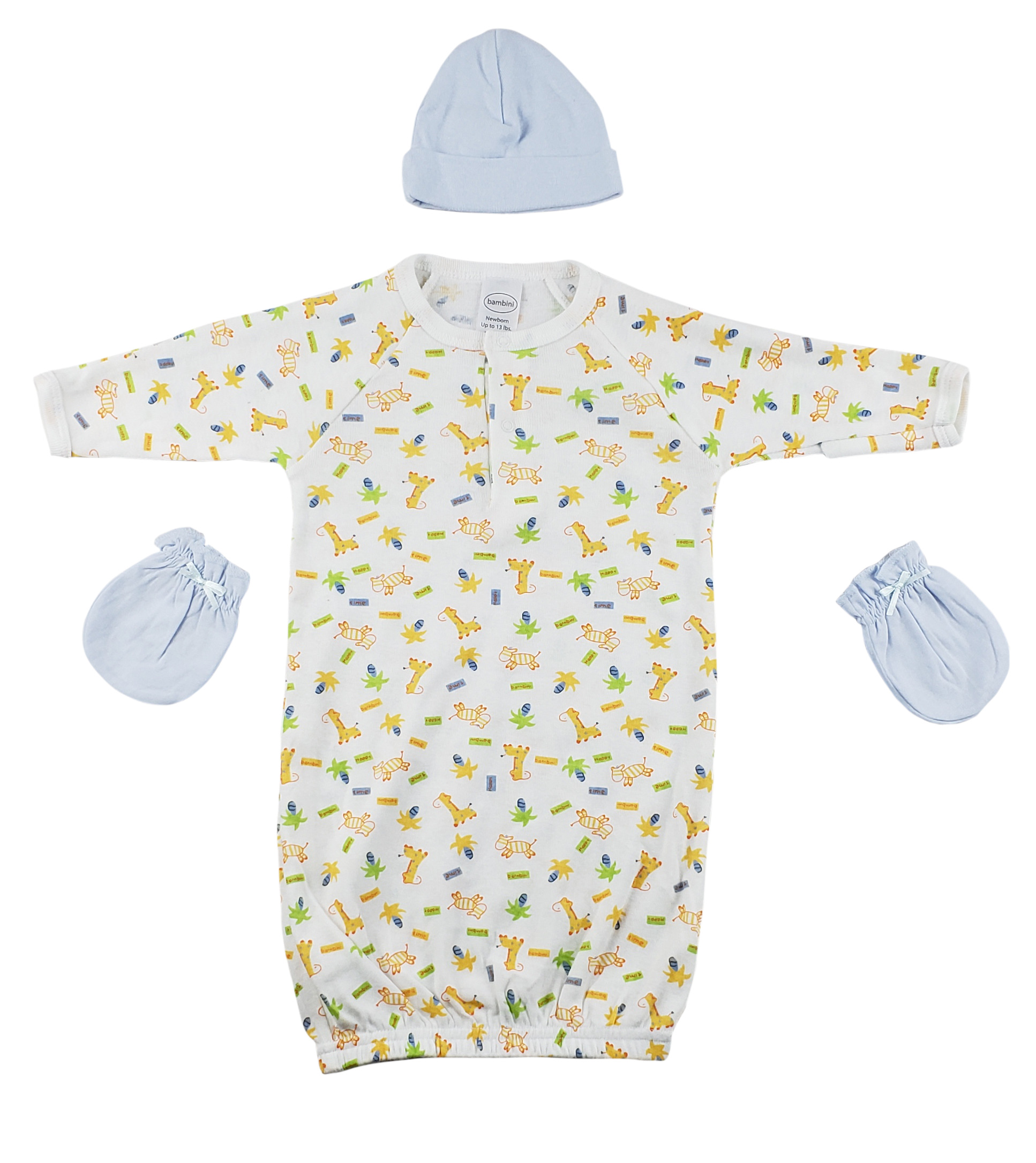 A soft cotton 3-piece baby set including a gown, cap, and mittens in blue, perfect for newborns.