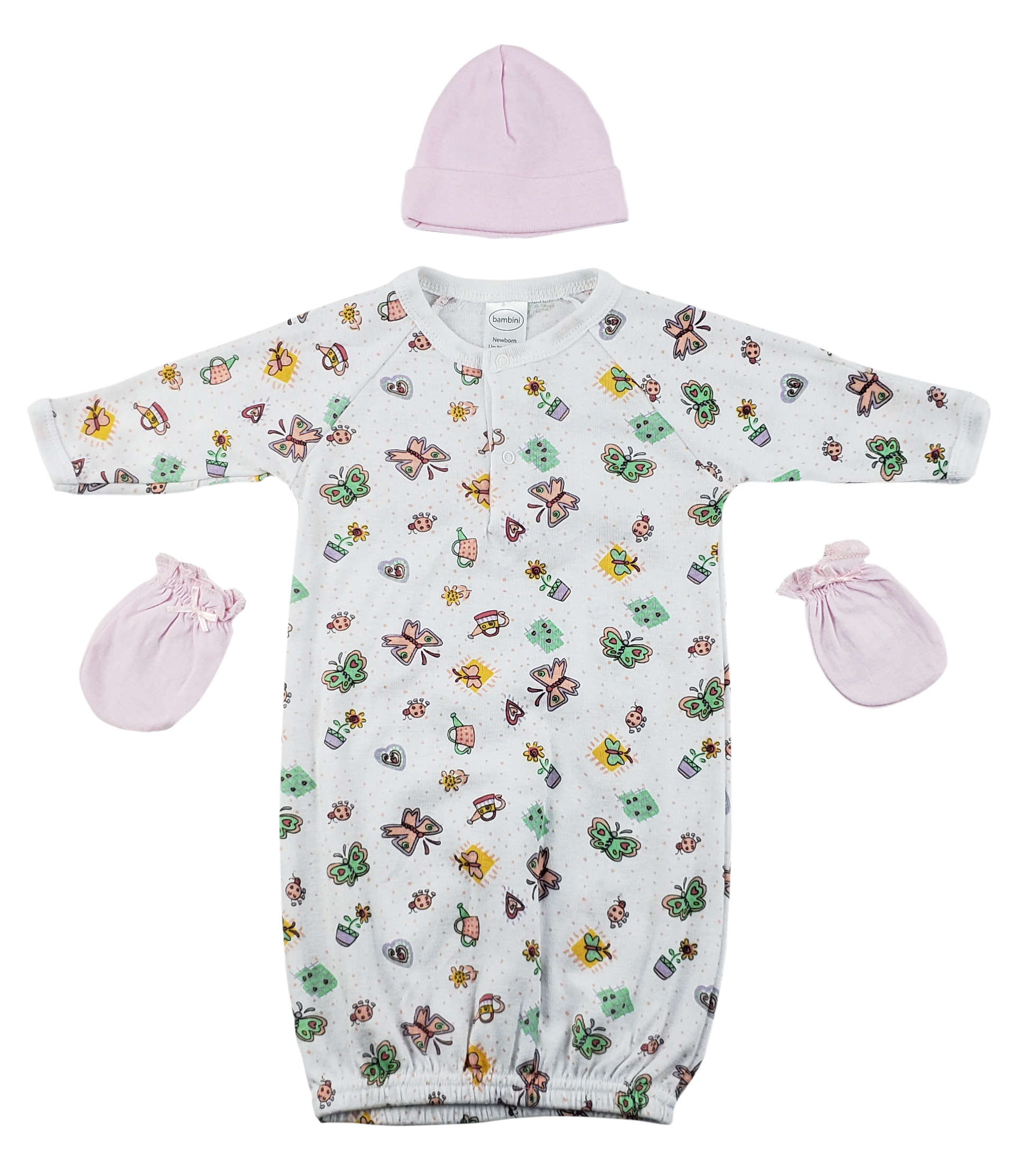 A soft pink 3-piece baby set including a gown, cap, and mittens made from cozy cotton fabric, perfect for newborns.