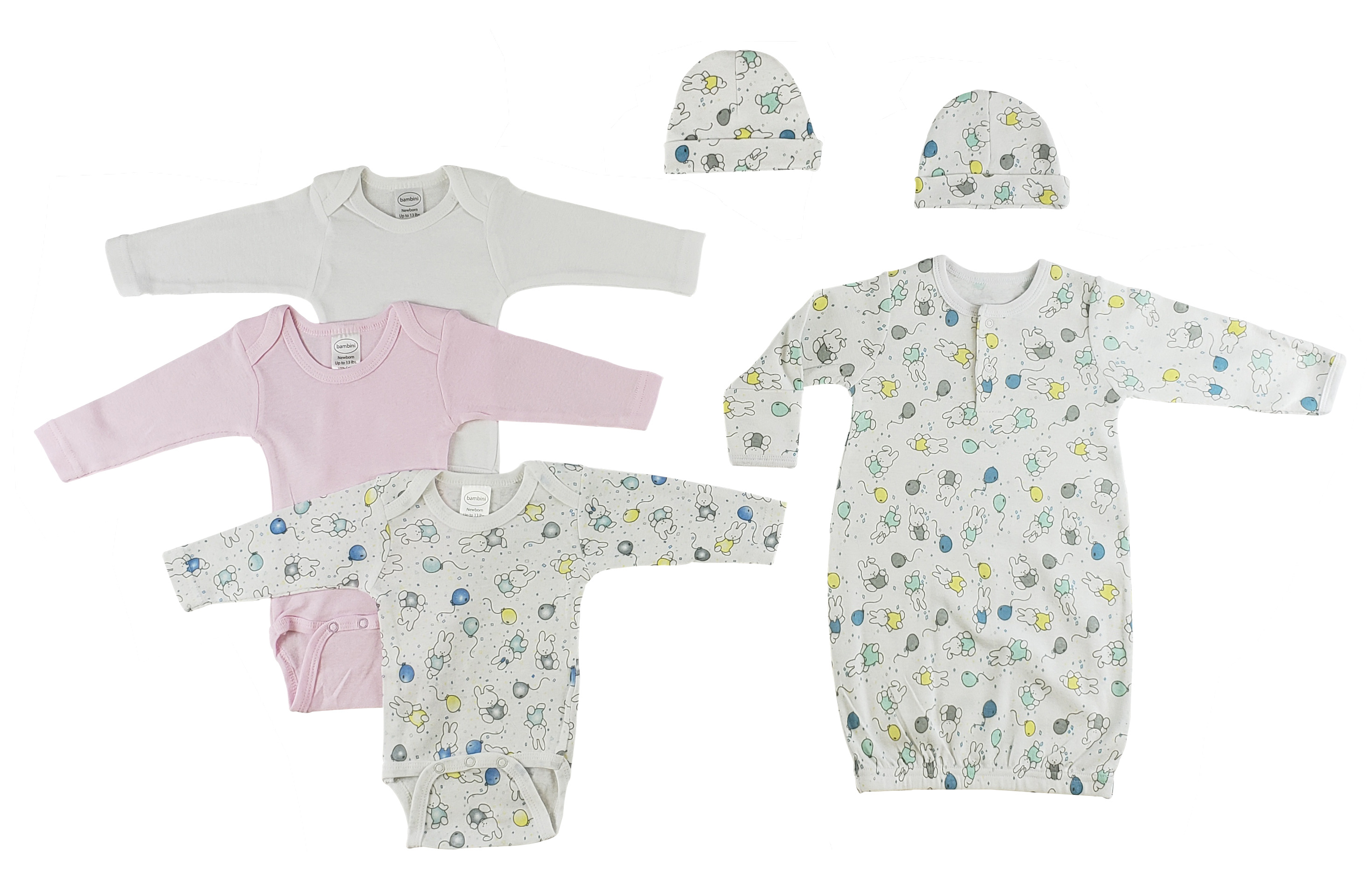 A colorful 6 Pc Set featuring long sleeve onezies, caps, and a gown for baby girls, made from soft 100% cotton rib knit fabric.