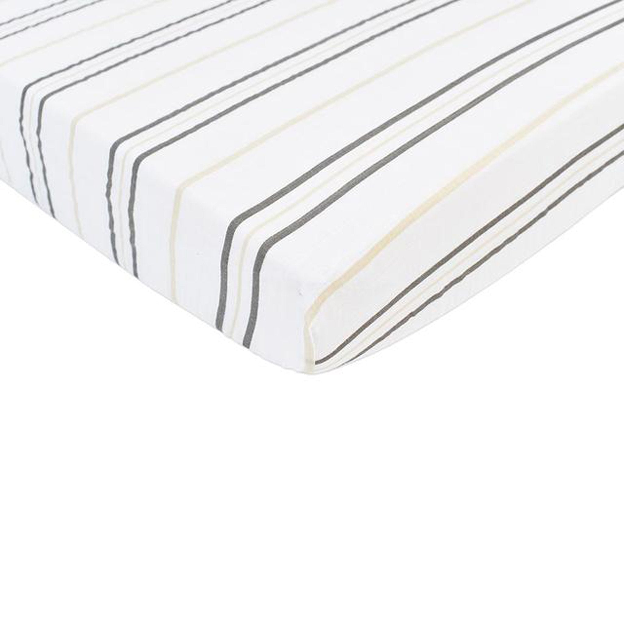 Grey stripe cotton muslin crib sheet designed for standard crib mattresses, showcasing its soft texture and breathable fabric.