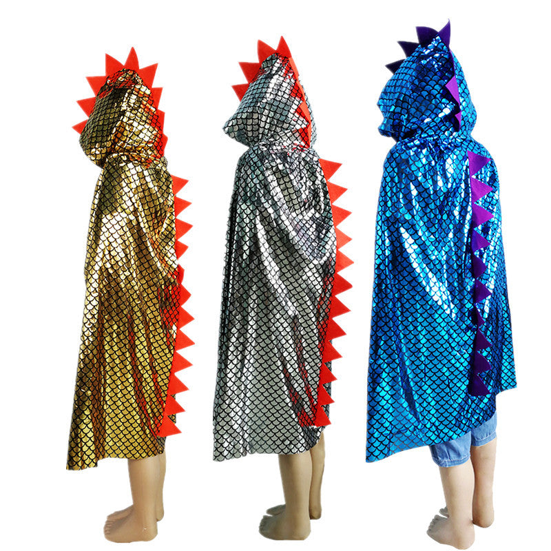 A colorful Halloween Animal Dinosaur Cape in blue, gold, and silver, featuring a camouflage pattern, perfect for kids aged 0-12 years.