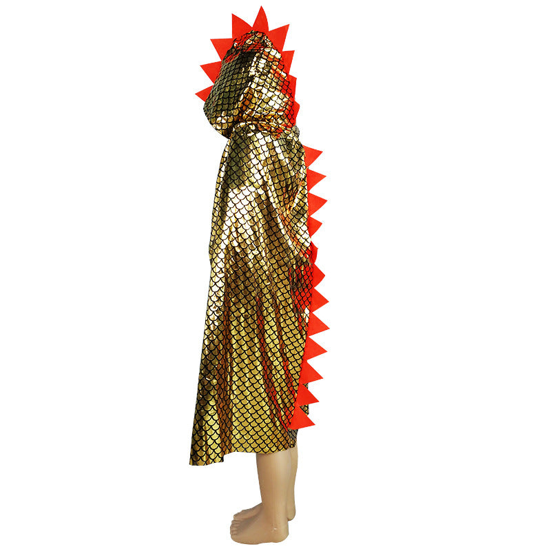 A colorful Halloween Animal Dinosaur Cape in blue, gold, and silver, featuring a camouflage pattern, perfect for kids aged 0-12 years.