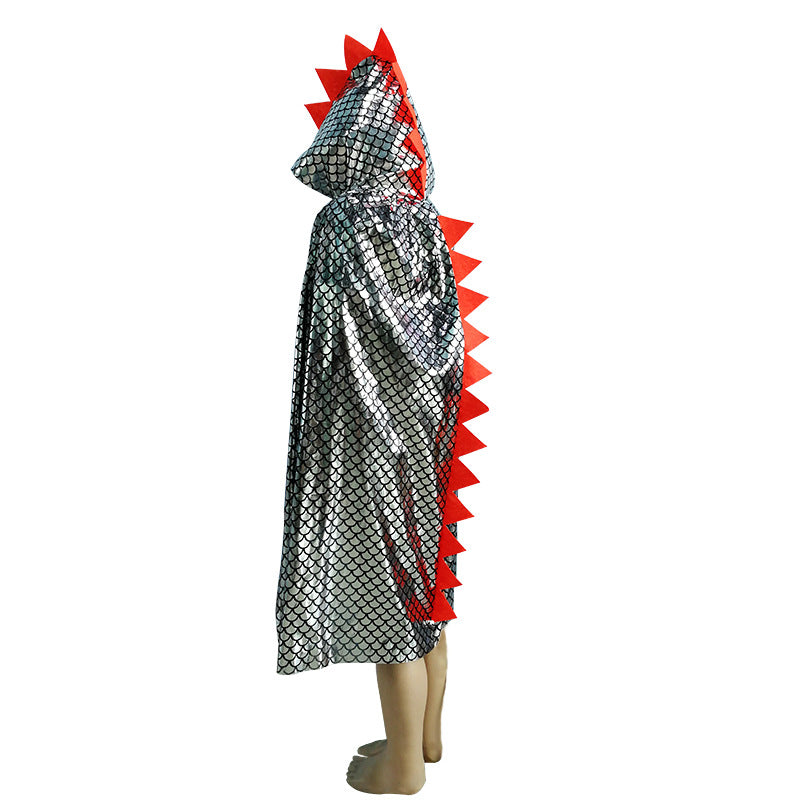 A colorful Halloween Animal Dinosaur Cape in blue, gold, and silver, featuring a camouflage pattern, perfect for kids aged 0-12 years.
