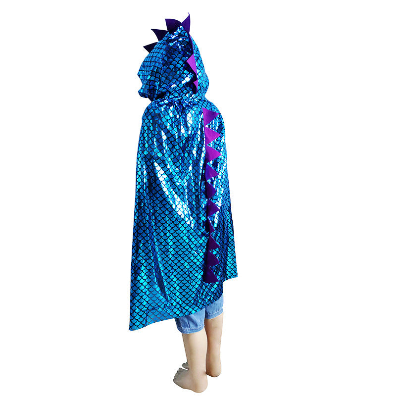 A colorful Halloween Animal Dinosaur Cape in blue, gold, and silver, featuring a camouflage pattern, perfect for kids aged 0-12 years.