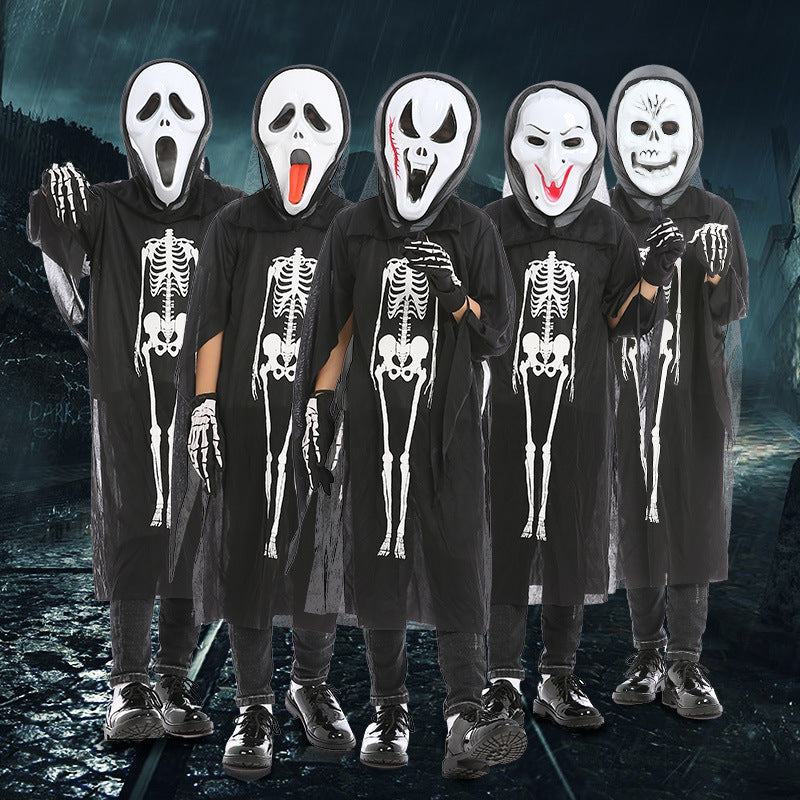 A complete Halloween Skeleton Ghost costume set including clothes, gloves, and masks in various colors for kids.