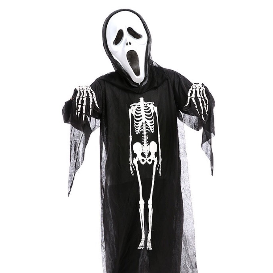 A complete Halloween Skeleton Ghost costume set including clothes, gloves, and masks in various colors for kids.