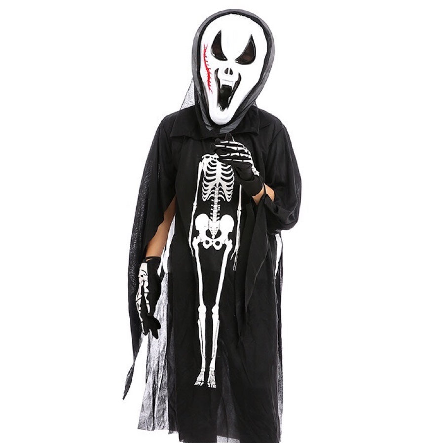 A complete Halloween Skeleton Ghost costume set including clothes, gloves, and masks in various colors for kids.