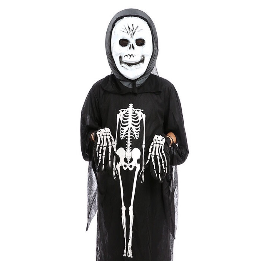 A complete Halloween Skeleton Ghost costume set including clothes, gloves, and masks in various colors for kids.