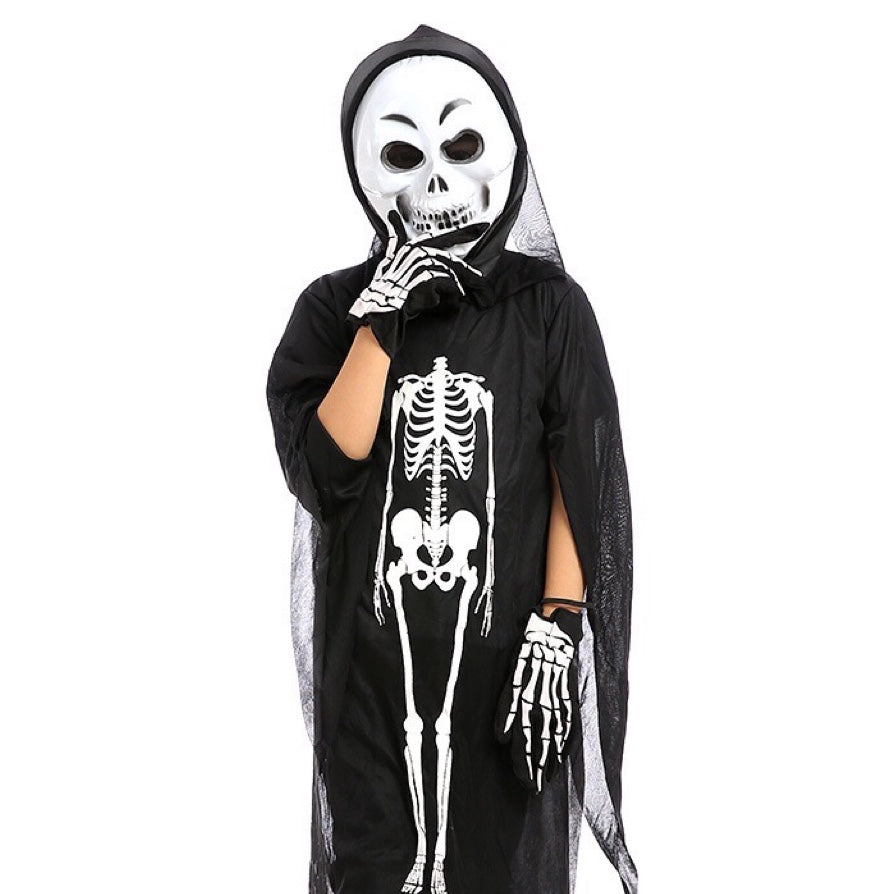 A complete Halloween Skeleton Ghost costume set including clothes, gloves, and masks in various colors for kids.