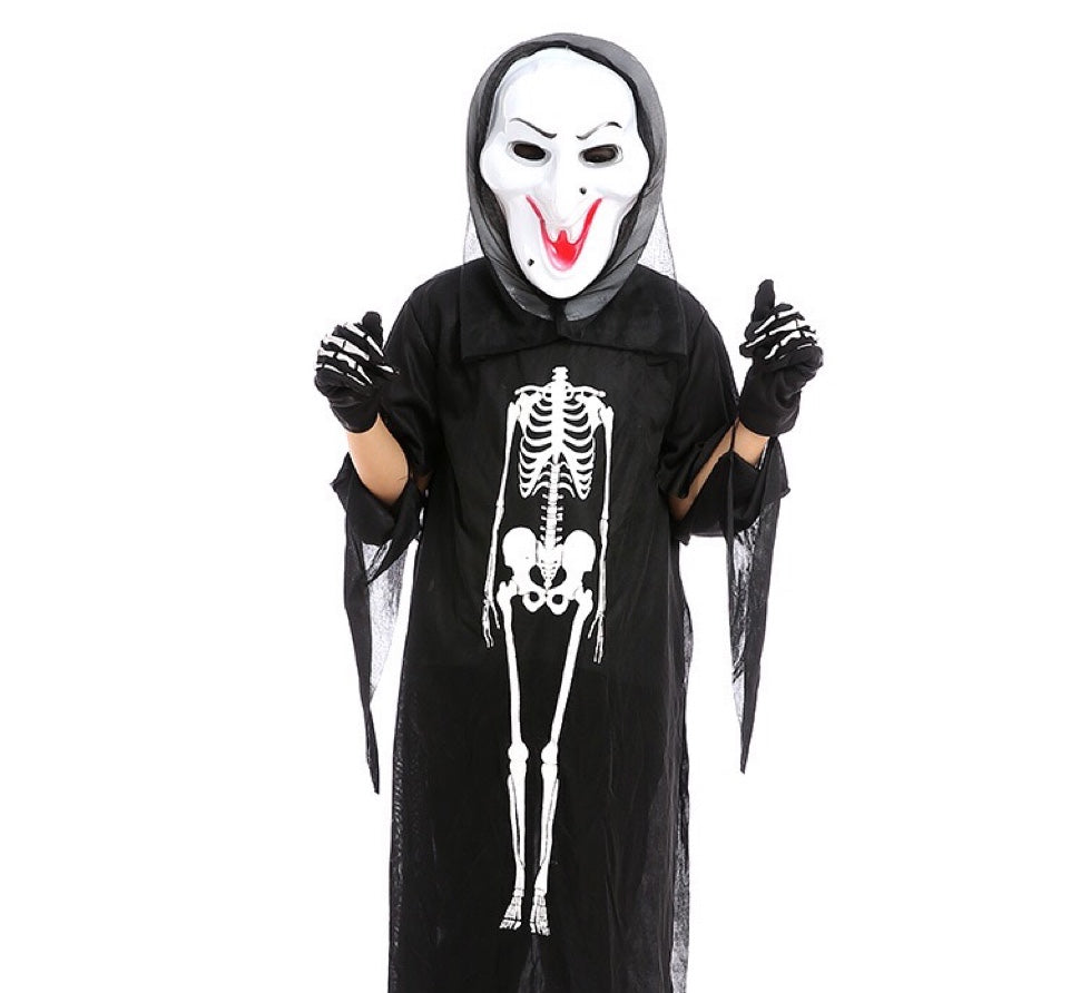 A complete Halloween Skeleton Ghost costume set including clothes, gloves, and masks in various colors for kids.