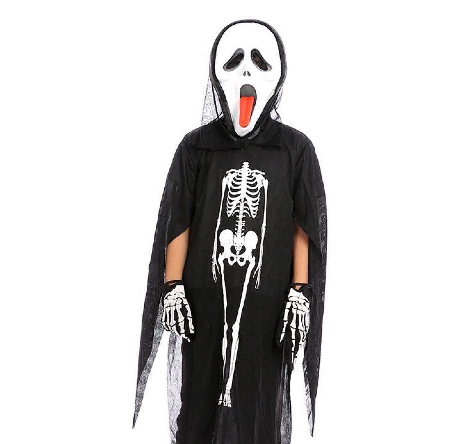 A complete Halloween Skeleton Ghost costume set including clothes, gloves, and masks in various colors for kids.