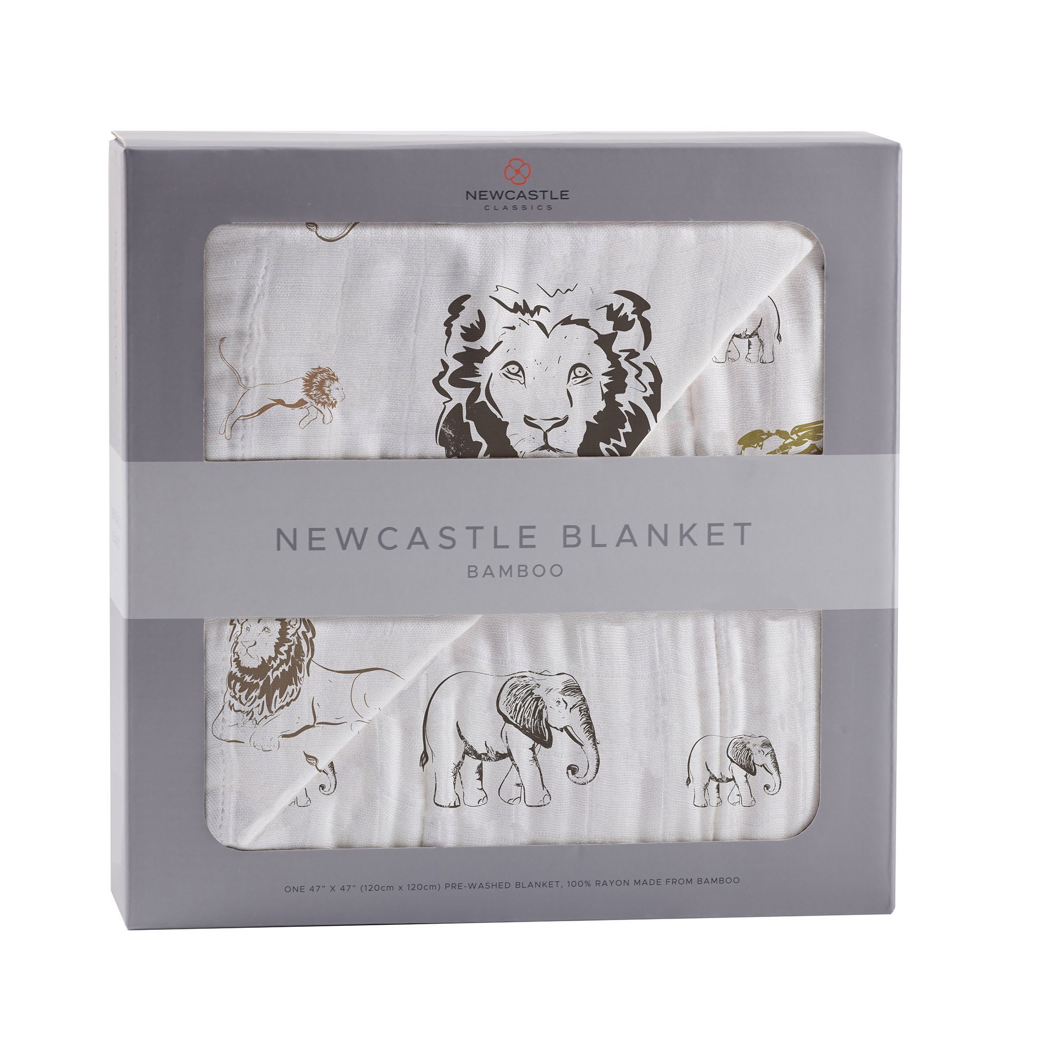 Hear Me Roar Bamboo Blanket featuring lions, rhinos, and elephants, made from soft, breathable bamboo muslin, perfect for kids.