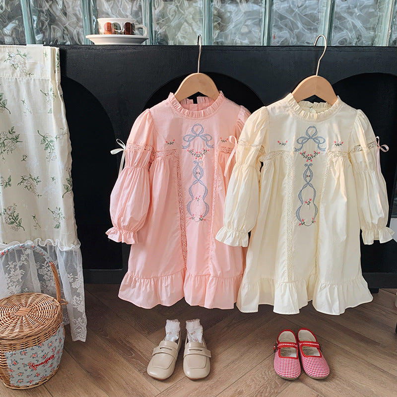 High Quality Embroidered Design Long Sleeve Dress in pink and apricot colors, made from soft cotton, perfect for summer wear.