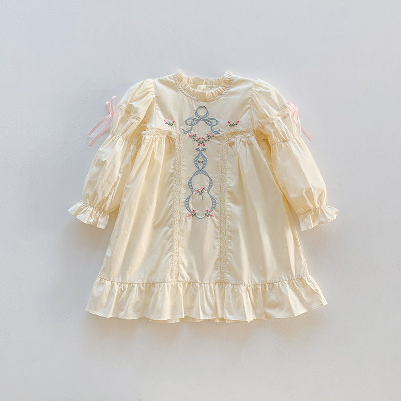 High Quality Embroidered Design Long Sleeve Dress in pink and apricot colors, made from soft cotton, perfect for summer wear.