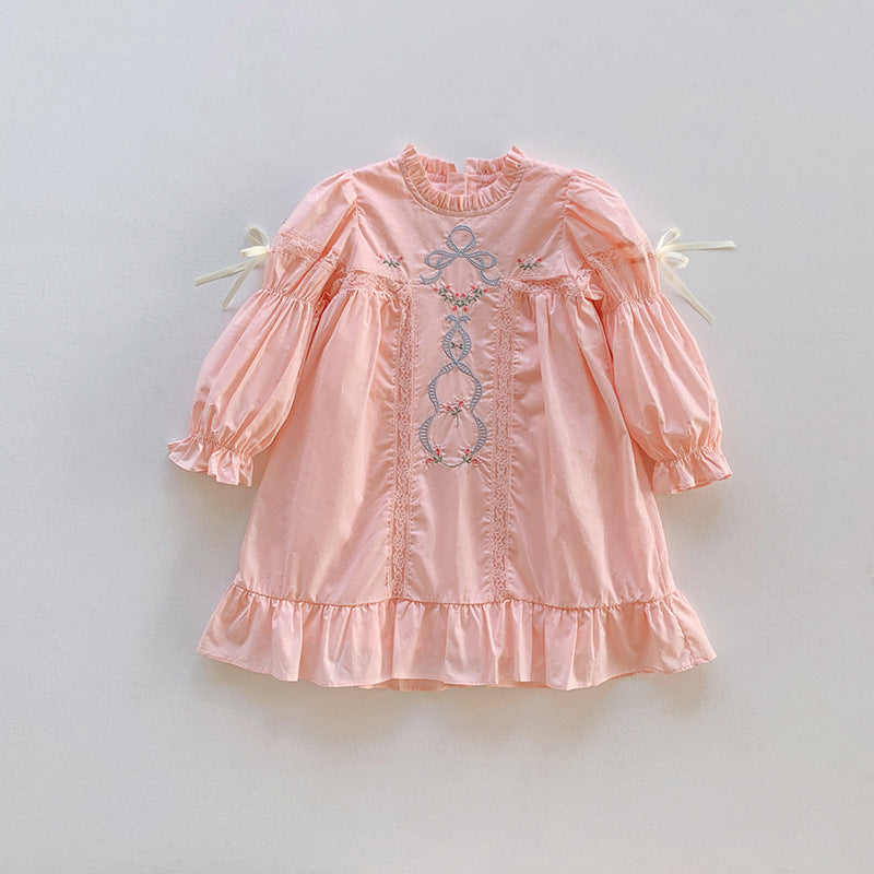 High Quality Embroidered Design Long Sleeve Dress in pink and apricot colors, made from soft cotton, perfect for summer wear.