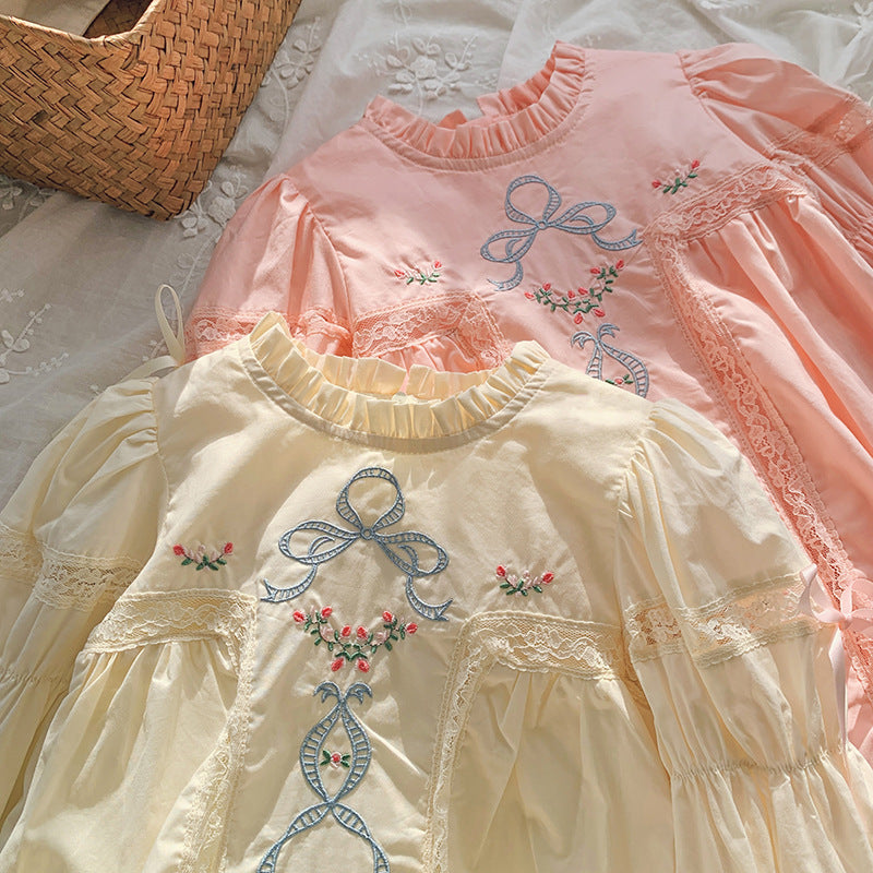 High Quality Embroidered Design Long Sleeve Dress in pink and apricot colors, made from soft cotton, perfect for summer wear.
