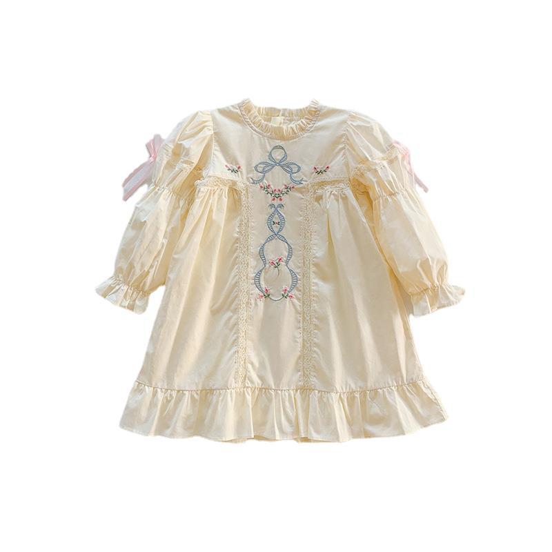 High Quality Embroidered Design Long Sleeve Dress in pink and apricot colors, made from soft cotton, perfect for summer wear.