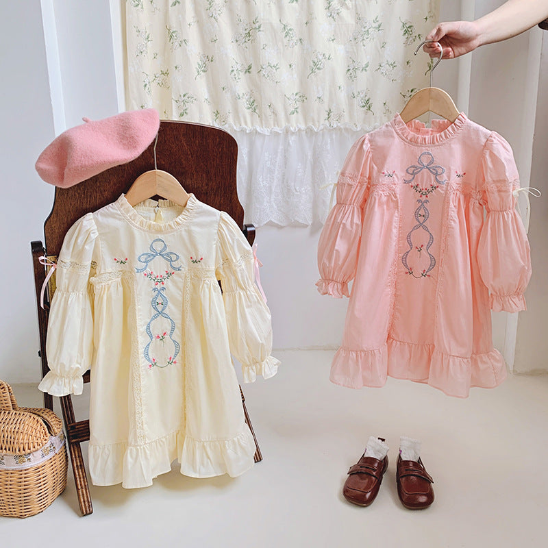 High Quality Embroidered Design Long Sleeve Dress in pink and apricot colors, made from soft cotton, perfect for summer wear.