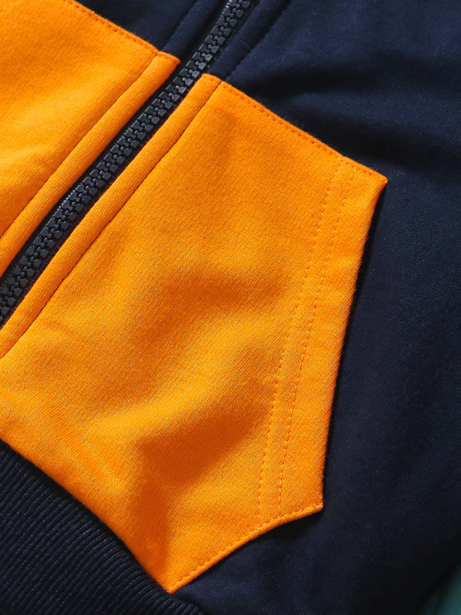 High Quality Spring and Autumn Boys Color Patchwork Long Sleeves Top featuring vibrant colors and a stylish design, perfect for young boys.