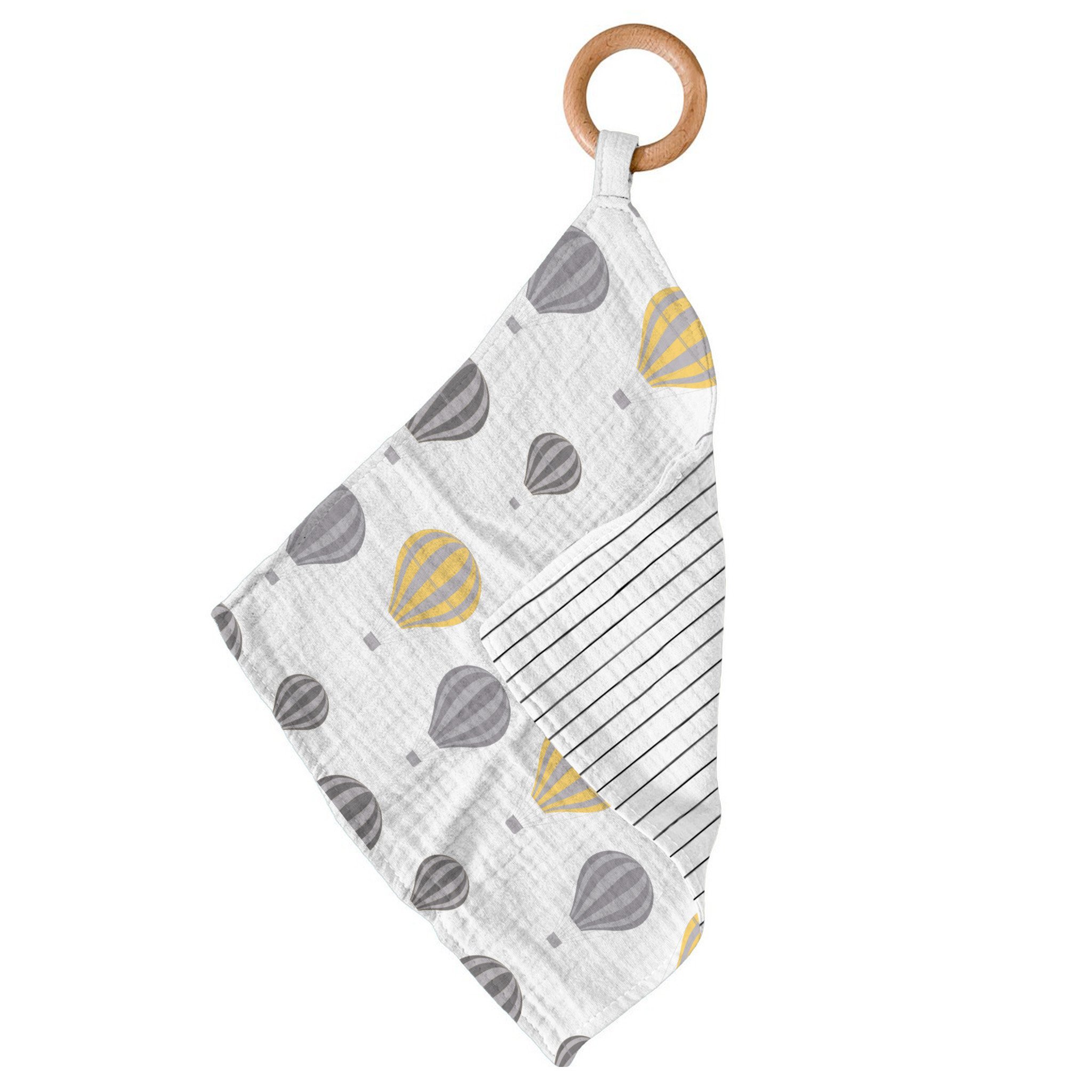 Hot Air Balloon & Pencil Stripe Bamboo Blankie Teether featuring a soft bamboo blankie and a removable beach wood ring.