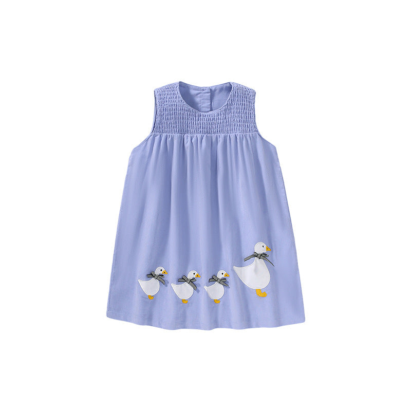 A vibrant sleeveless dress for girls featuring cartoon graphics in pink and blue colors, made from soft cotton fabric.