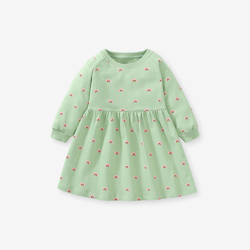 A green long sleeve crew neck top for baby girls featuring a colorful rainbow print, perfect for spring and autumn wear.