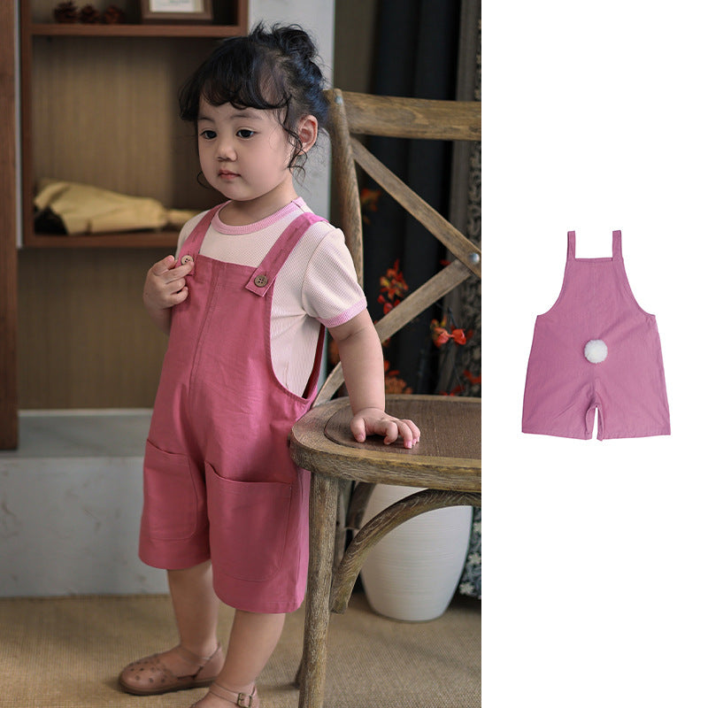 A cute pink outfit for baby girls featuring a rabbit tail design, made from soft cotton material, perfect for summer wear.