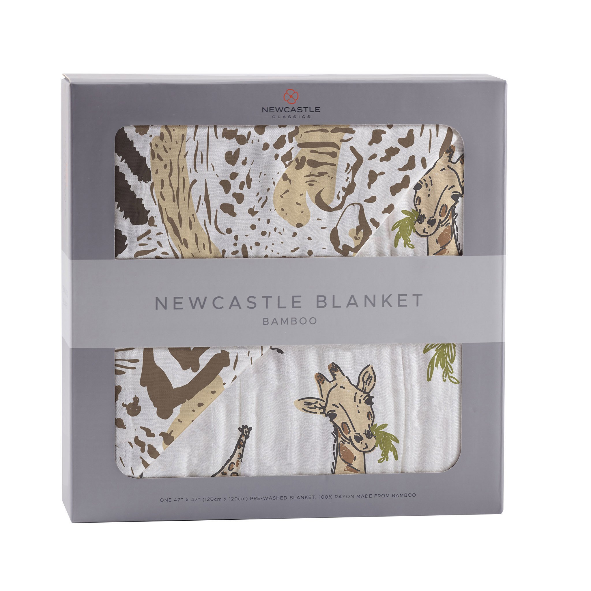Hungry Giraffe Bamboo Muslin Blanket featuring animal prints, soft and cozy for kids.