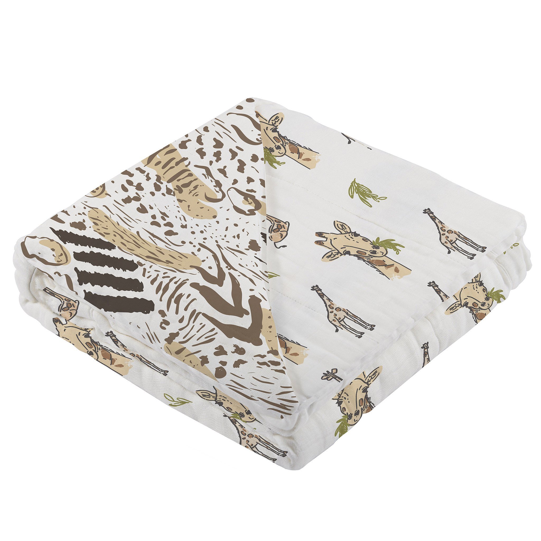 Hungry Giraffe Bamboo Muslin Blanket featuring animal prints, soft and cozy for kids.