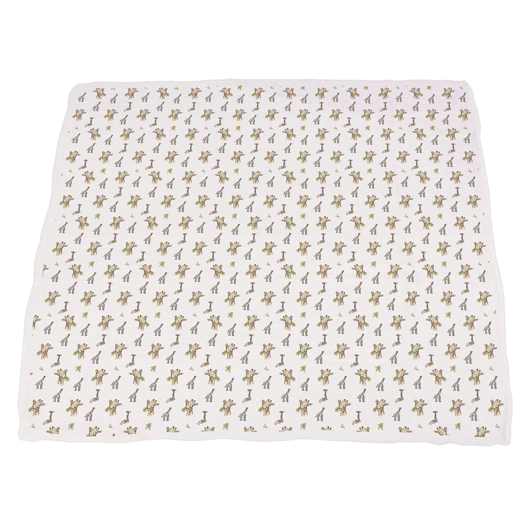 Hungry Giraffe Bamboo Muslin Blanket featuring animal prints, soft and cozy for kids.