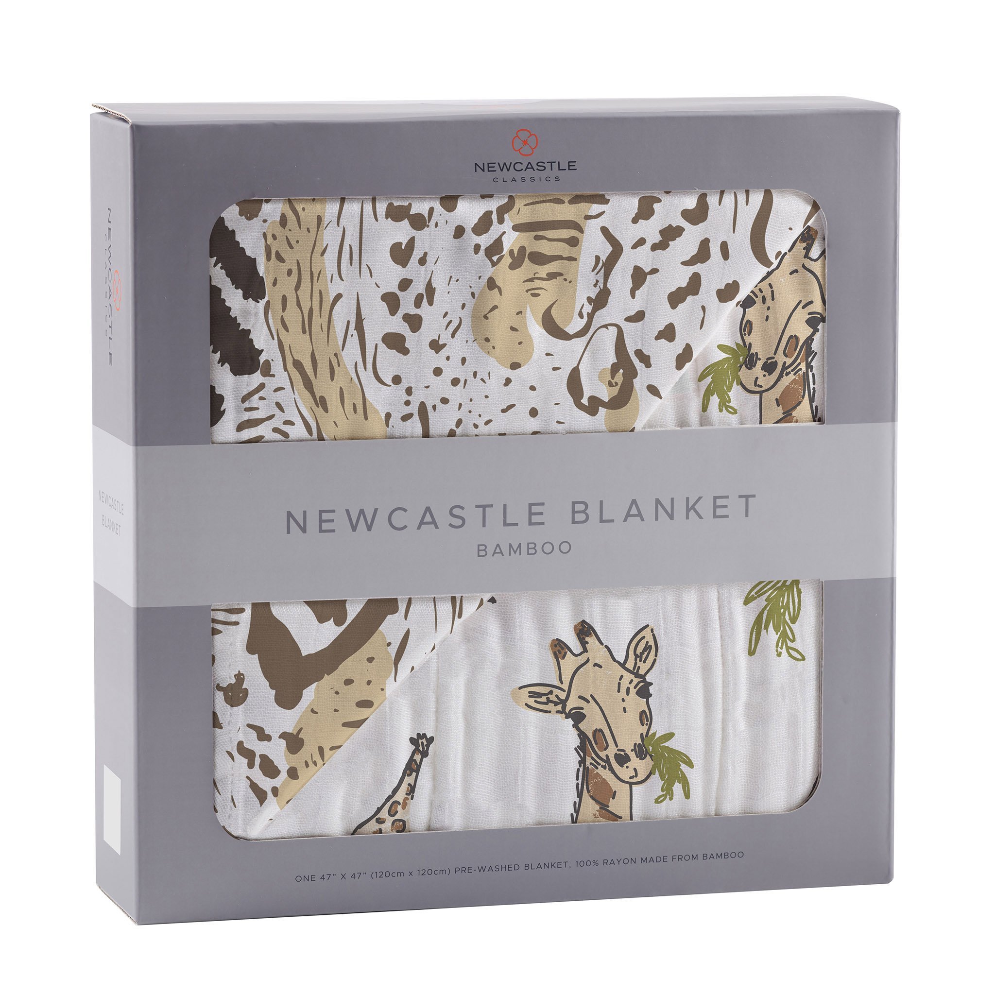 Hungry Giraffe Bamboo Muslin Blanket featuring animal prints, soft and cozy for kids.