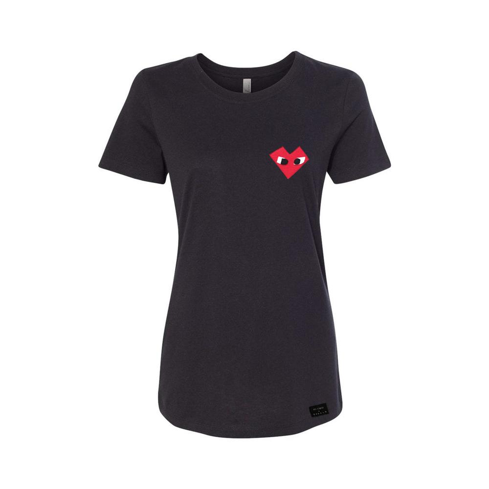 I Heart Women's Black Shirt featuring unique appliquéd felt designs by Donald Robertson, showcasing handmade craftsmanship and artistic flair.