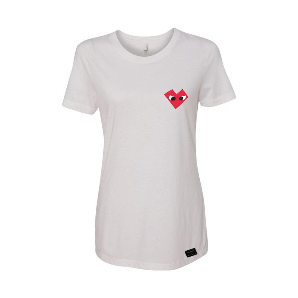 I Heart Women's White Shirt featuring unique appliquéd felt designs by Donald Robertson, showcasing handmade craftsmanship and artistic flair.