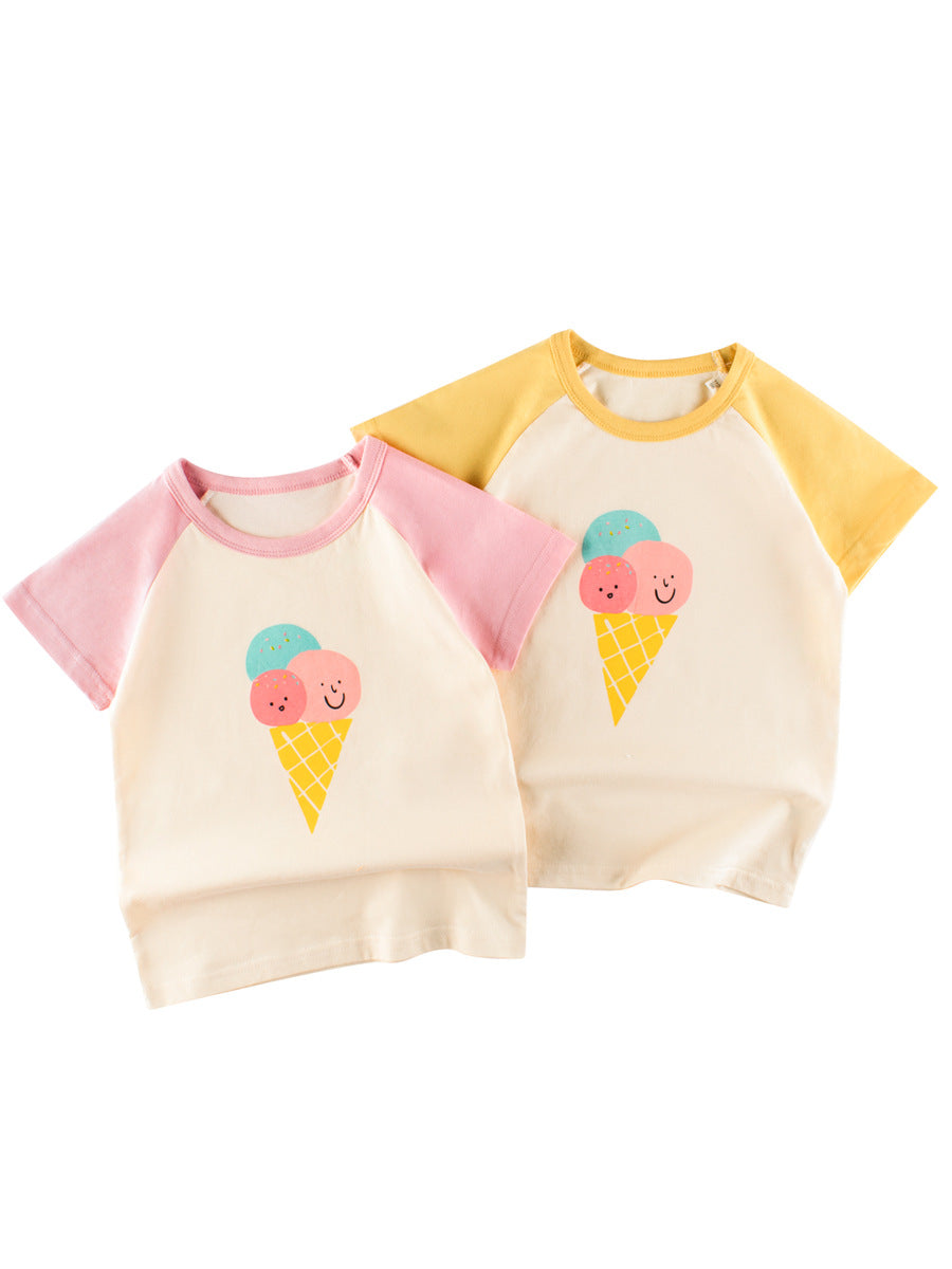 Ice-Cream Cartoon Print Girls’ T-Shirt in pink and yellow, made of soft cotton, perfect for summer wear.
