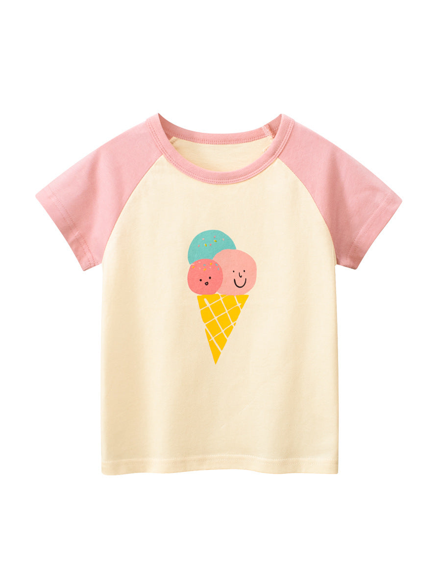 Ice-Cream Cartoon Print Girls’ T-Shirt in pink and yellow, made of soft cotton, perfect for summer wear.