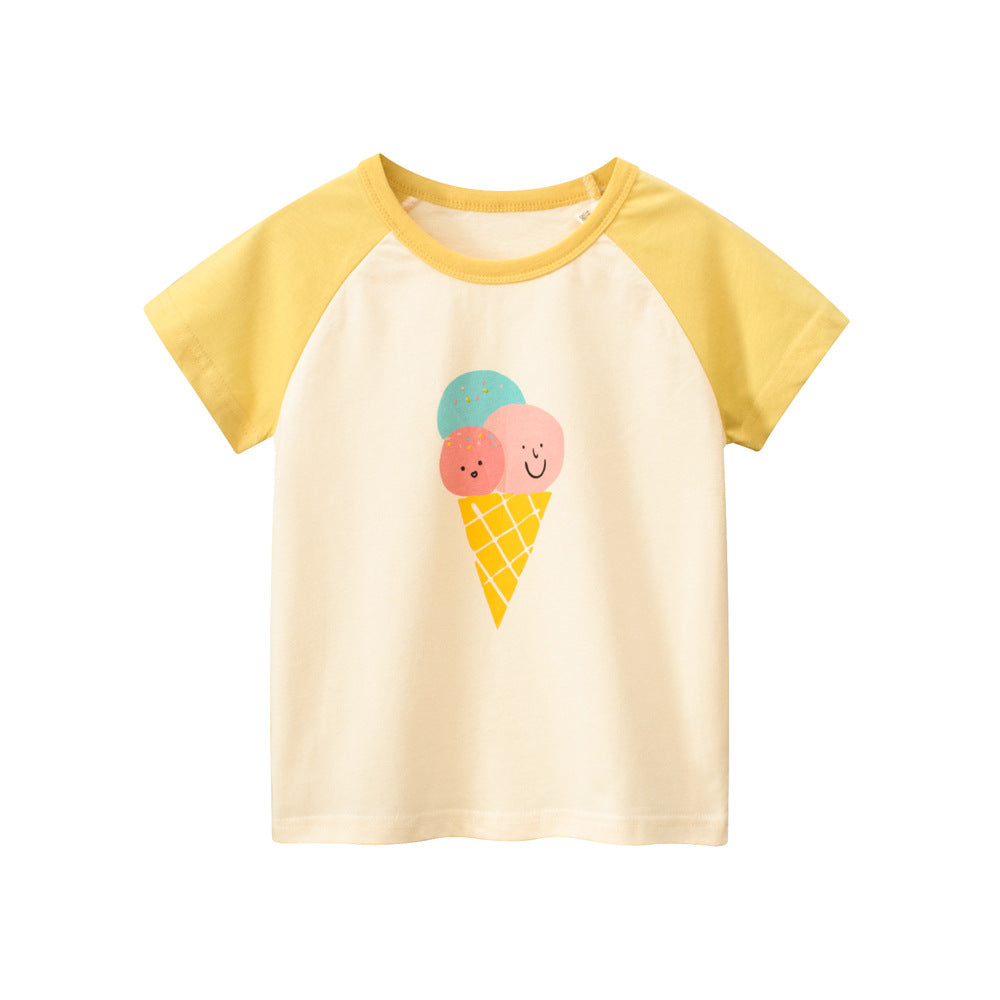 Ice-Cream Cartoon Print Girls’ T-Shirt in pink and yellow, made of soft cotton, perfect for summer wear.
