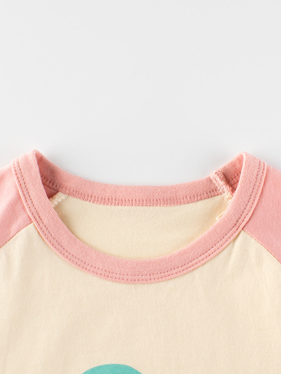 Ice-Cream Cartoon Print Girls’ T-Shirt in pink and yellow, made of soft cotton, perfect for summer wear.