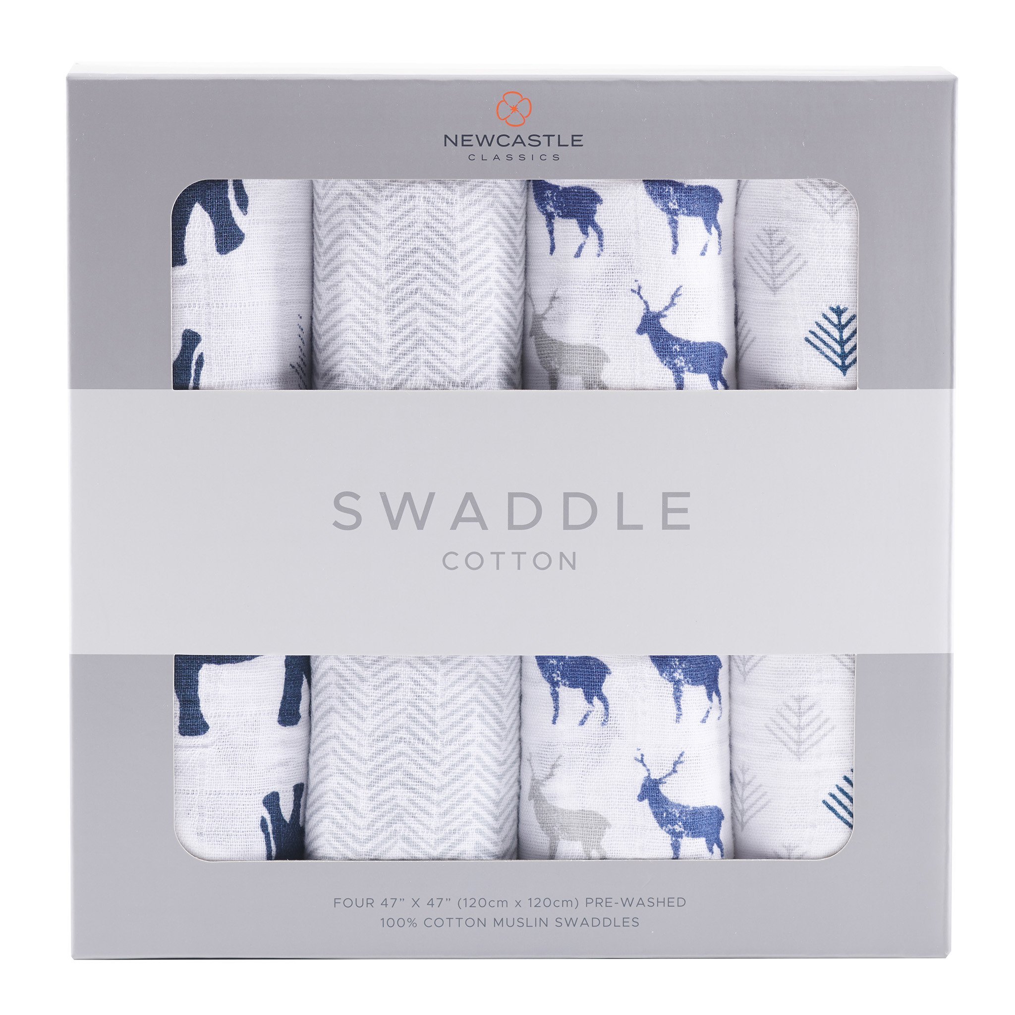 A pack of four soft, breathable cotton muslin swaddles in various stylish designs, perfect for versatile baby care.