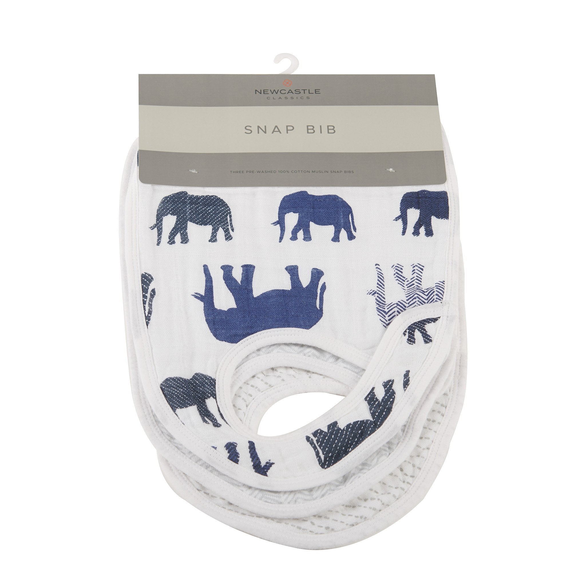 In the Wild Elephant Cotton Muslin Snap Bibs 3PK featuring soft cotton fabric with adorable elephant design and adjustable snaps.