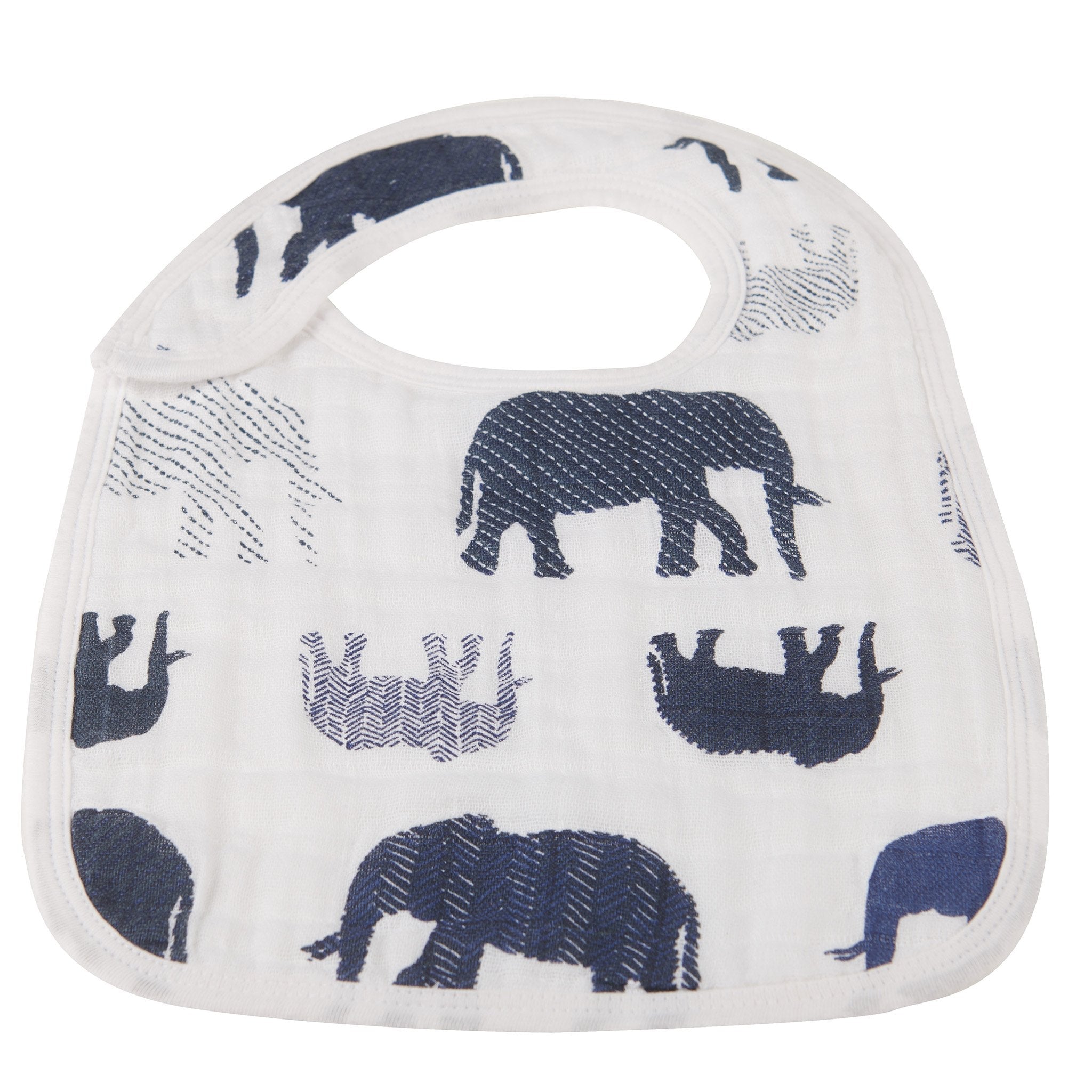In the Wild Elephant Cotton Muslin Snap Bibs 3PK featuring soft cotton fabric with adorable elephant design and adjustable snaps.