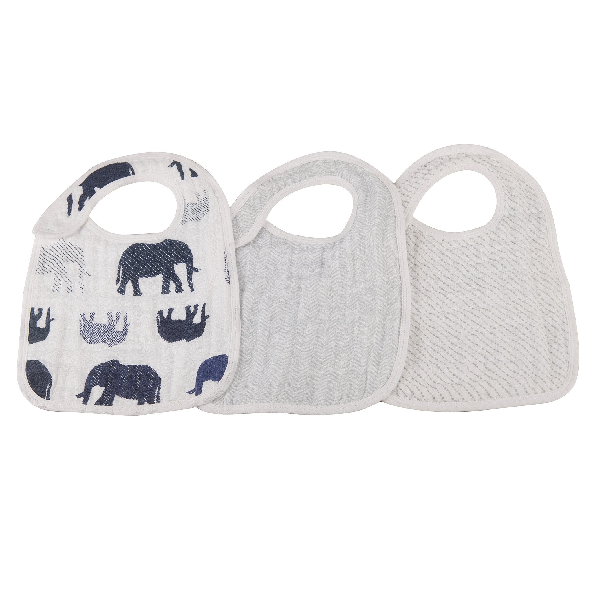 In the Wild Elephant Cotton Muslin Snap Bibs 3PK featuring soft cotton fabric with adorable elephant design and adjustable snaps.