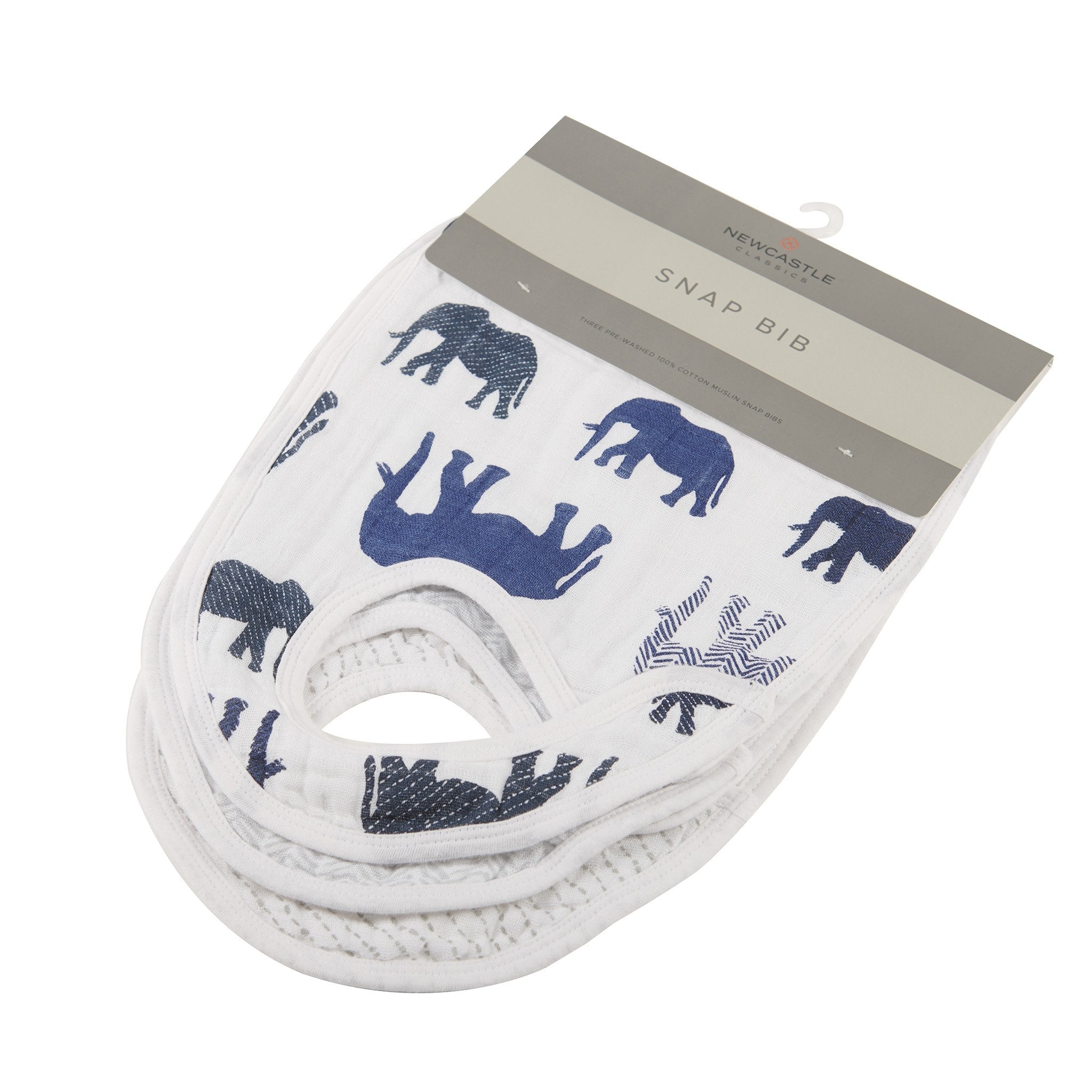 In the Wild Elephant Cotton Muslin Snap Bibs 3PK featuring soft cotton fabric with adorable elephant design and adjustable snaps.