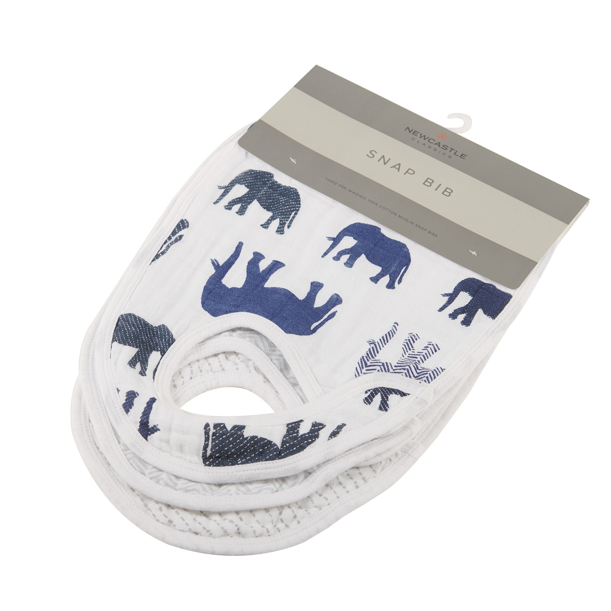 In the Wild Elephant Cotton Muslin Snap Bibs 3PK featuring soft cotton fabric with adorable elephant design and adjustable snaps.