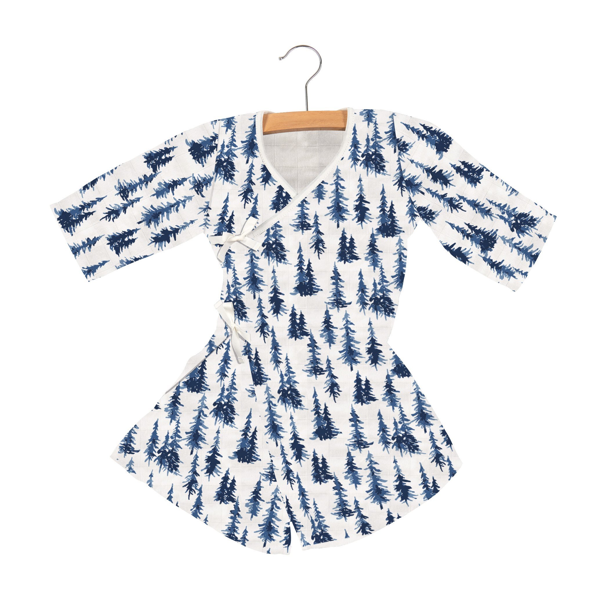 Indigo Forest Bamboo Newcastle Mini Robe made from soft bamboo muslin, featuring adjustable wrap ties and a stylish design for children.