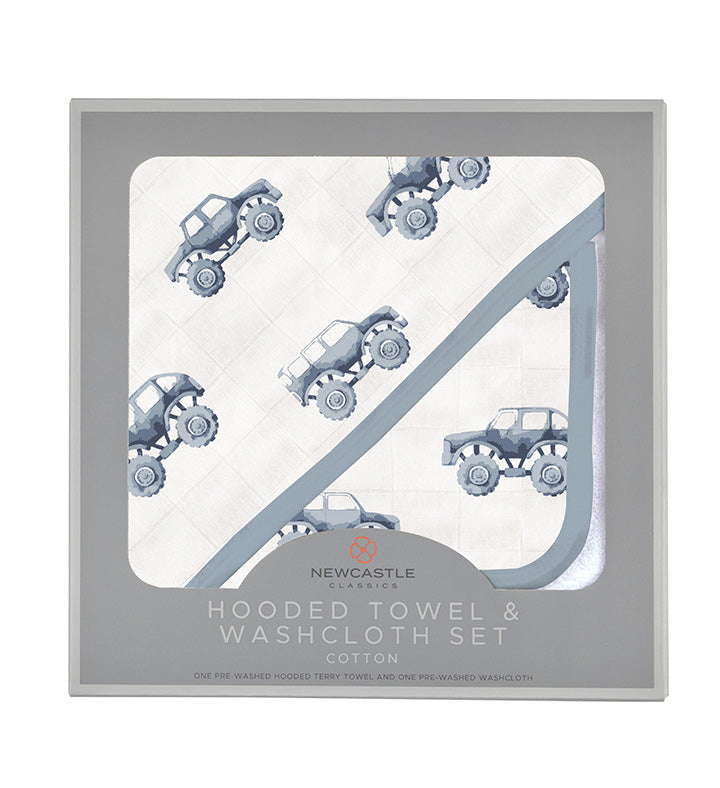 Indigo Monster Trucks Cotton Hooded Towel and Washcloth Set featuring vibrant monster truck designs, perfect for kids.