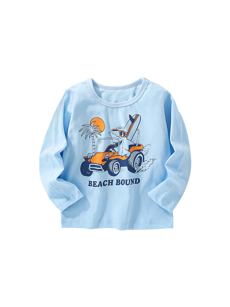 Infant Baby Boy Cartoon Pattern Crewneck Casual Shirt in light blue with playful cartoon designs, perfect for everyday wear.
